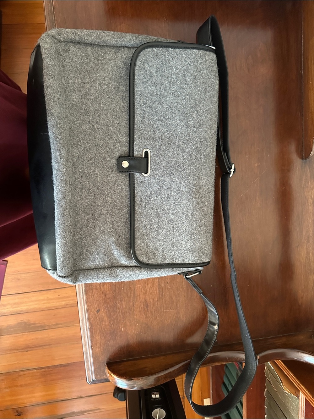 Grey Felt Messenger Bag with Black Trim and Silver Details